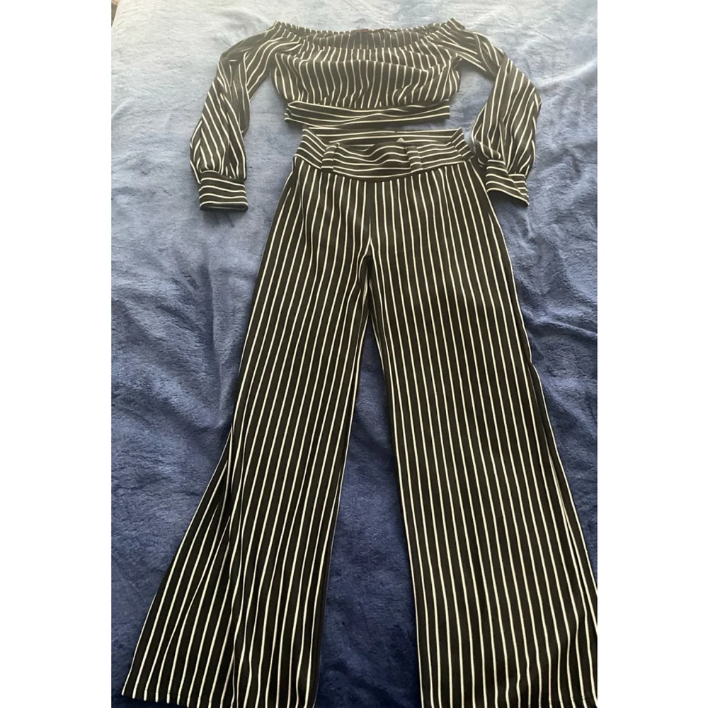 black and white striped two-piece set